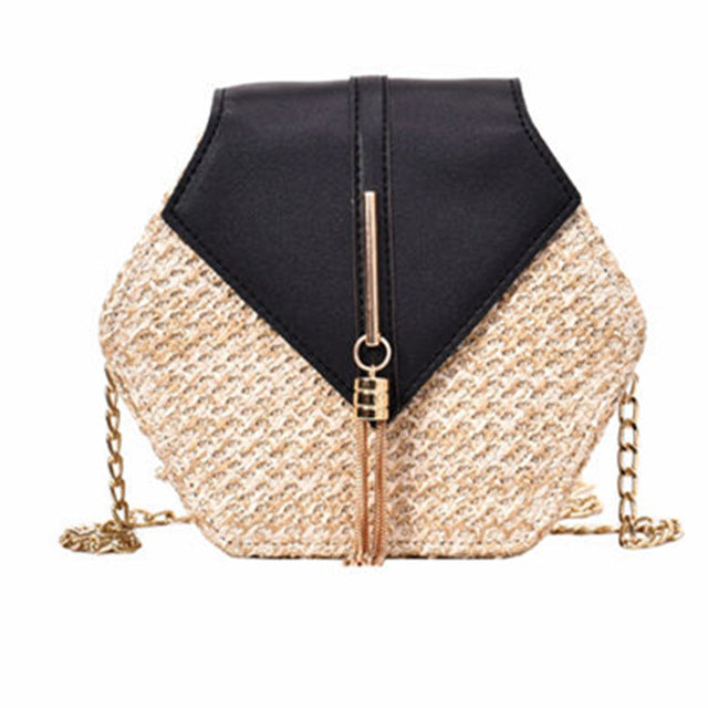 Women's Hexagon Straw and Vegan Leather Crossbody Bag
