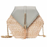 Women's Hexagon Straw and Vegan Leather Crossbody Bag