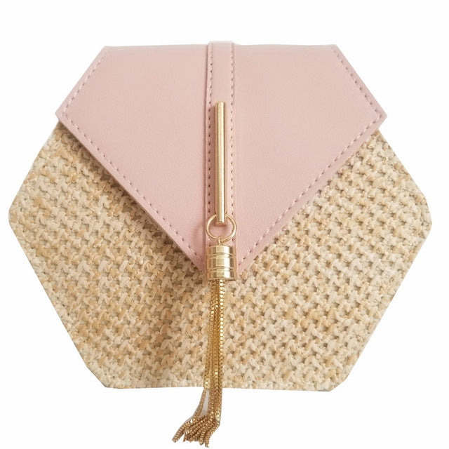 Women's Hexagon Straw and Vegan Leather Crossbody Bag