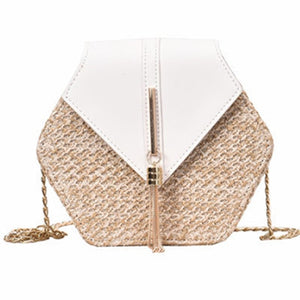 Women's Hexagon Straw and Vegan Leather Crossbody Bag