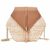 Women's Hexagon Straw and Vegan Leather Crossbody Bag