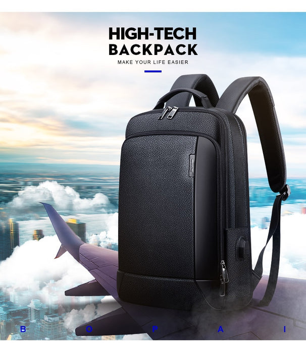 Men's Genuine Leather Travel Thin USB Charging Laptop Backpack