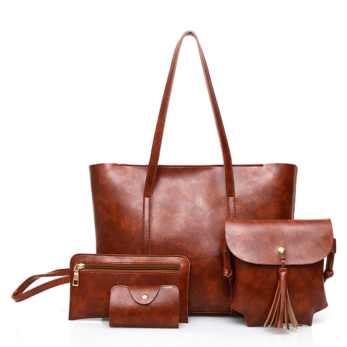 Women's Set of 4 Vegan Leather Tote Hand Bag Crossbody Purse and Wallet