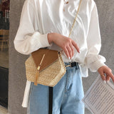 Women's Hexagon Straw and Vegan Leather Crossbody Bag