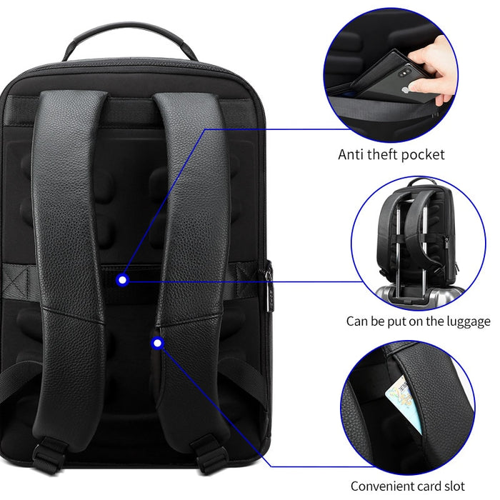 Men's Genuine Leather Travel Thin USB Charging Laptop Backpack