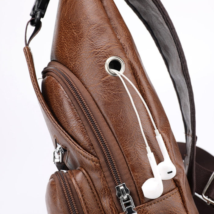 Men's Leather Travel Sling Chest Bag with USB Charging