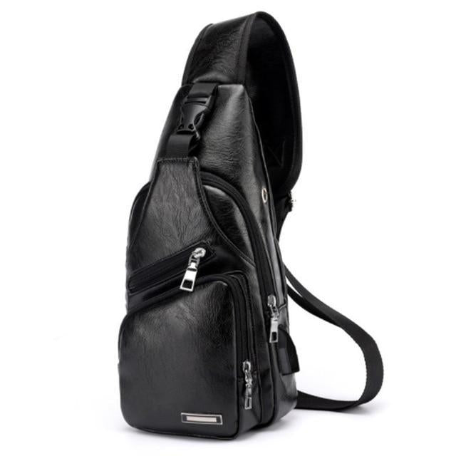 Men's Leather Travel Sling Chest Bag with USB Charging