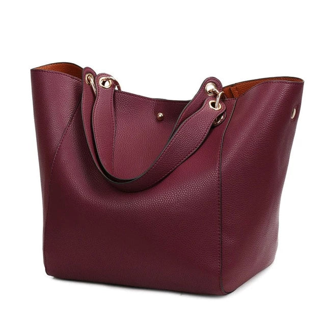 Women's Classic Large Vegan Leather Bucket Tote Handbag